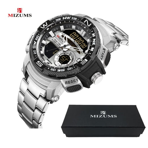 MIZUMS Military Wrist Watches LED Digital Sport Watch Men Gold Stainless Steel Band Dual Time Quartz Clock Man Relogio Masculino