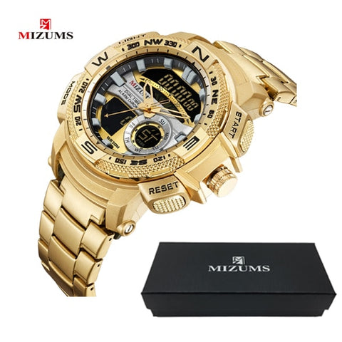 MIZUMS Military Wrist Watches LED Digital Sport Watch Men Gold Stainless Steel Band Dual Time Quartz Clock Man Relogio Masculino