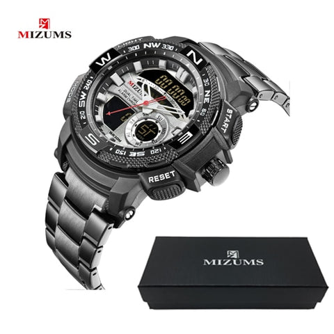 MIZUMS Military Wrist Watches LED Digital Sport Watch Men Gold Stainless Steel Band Dual Time Quartz Clock Man Relogio Masculino