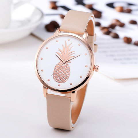 Simple Women's Watches Rose Gold Pineapple Pattern Rose Gold Disc Ladies Quartz Wristwatch Leather Strap Clock Kol Saati@50