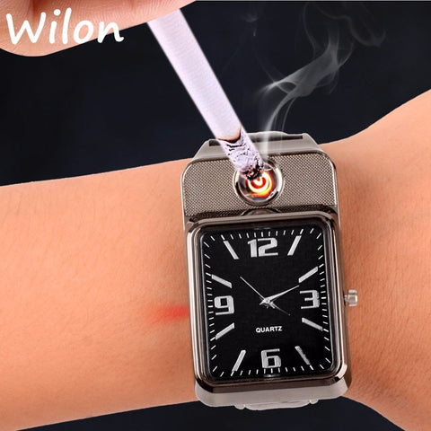 Men watch Lighter Watches sports Windproof Flameless Cigarette Lighter Men USB Charging Casual Quartz male clock F777