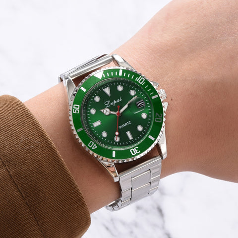 New Men Wristwatch Luxury Green Dial Military Quartz Watch Top Fashion Calendar 3Bar Waterproof Silver Steel Clock For Male 2019