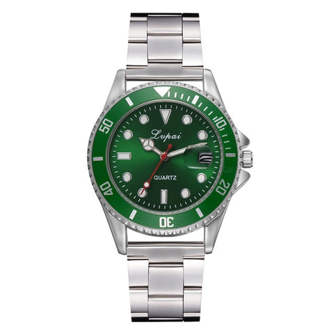 New Men Wristwatch Luxury Green Dial Military Quartz Watch Top Fashion Calendar 3Bar Waterproof Silver Steel Clock For Male 2019