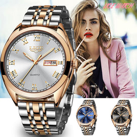 LIGE Fashion Women Watches Ladies Top Brand luxury Waterproof Gold Quartz Watch Women Stainless Steel Date Wear Gift Clock 2019