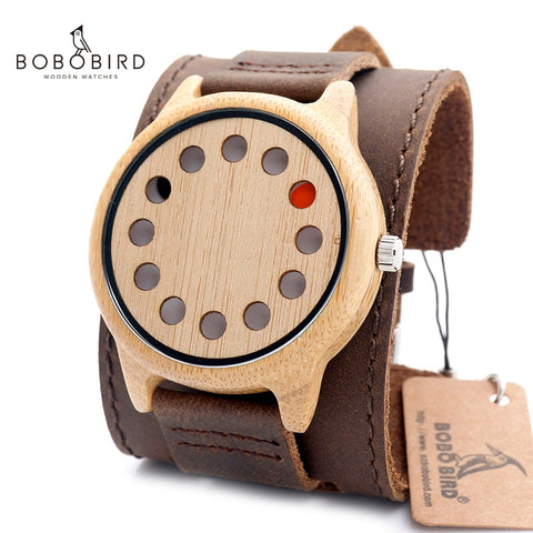 BOBO BIRD Eco-friendly Wooden Wristwatch Mens Top Luxury Brand Unique Holes Design Leather Quartz Watch with Leather Strap