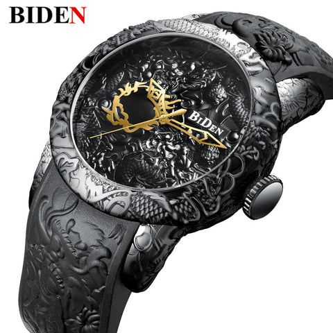 Black Men Watches Fashion 3D Engraved Dragon Relogio Masculino Luxury 2019 Top Brand Quartz Watch Waterproof Sport Male Clock