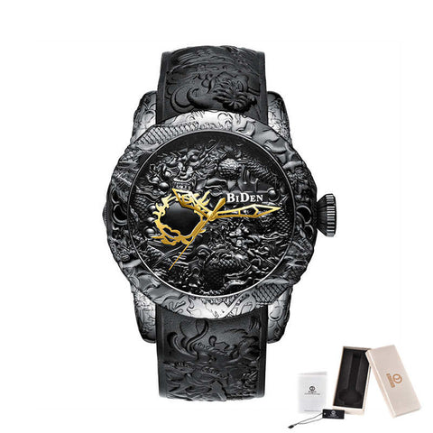 Black Men Watches Fashion 3D Engraved Dragon Relogio Masculino Luxury 2019 Top Brand Quartz Watch Waterproof Sport Male Clock