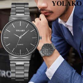 YOLAKO Men's Watch Luxury Quartz Wristwatch Men Watches Clock Business Fashion Stainless Watchband Buckle Strap 2019 New Arrival