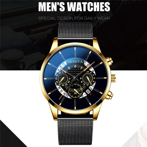 Luxury Men's Fashion Business Calendar Watches Blue Stainless Steel Mesh Belt Analog Quartz Watch relogio masculino