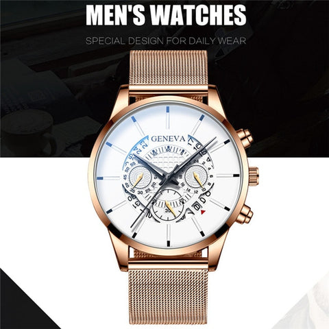 Luxury Men's Fashion Business Calendar Watches Blue Stainless Steel Mesh Belt Analog Quartz Watch relogio masculino