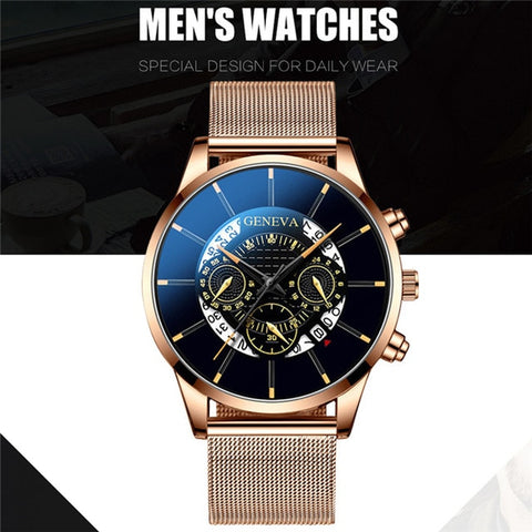 Luxury Men's Fashion Business Calendar Watches Blue Stainless Steel Mesh Belt Analog Quartz Watch relogio masculino