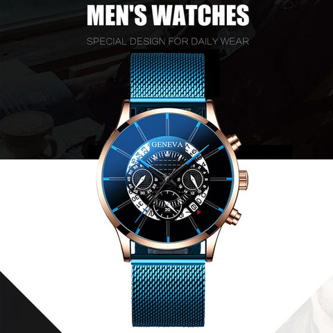 Luxury Men's Fashion Business Calendar Watches Blue Stainless Steel Mesh Belt Analog Quartz Watch relogio masculino