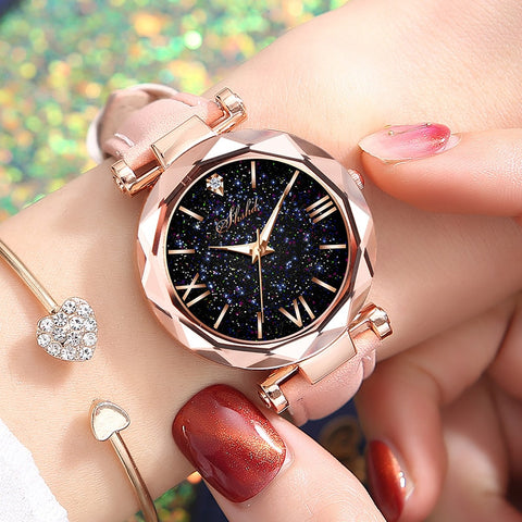 Women Watch Fashion Leather Band Ladies Quartz Wrist Watch Starry Sky Round Dial Roman Number Rhinestone Leather Band Watch