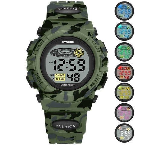 SYNOKE Sports Military Kids Digital Watches Student Children's Watch Fashion Luminous Led Alarm Camouflage Green Boy Clock