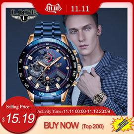 LIGE New Blue Fashion Business Clock Mens Watches Top Brand Luxury All Steel Chronograph Quartz Gold Watch Men Relogio Masculino