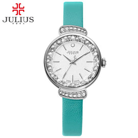 JULIUS Women's Fashion Dress Watch Rhinestone Whatches Mint Green Pink Leather Strap Slim Watch for Small Wrist Relogio JA-866