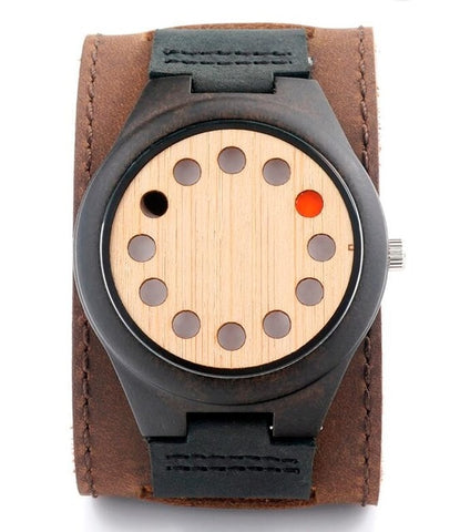 BOBO BIRD Eco-friendly Wooden Wristwatch Mens Top Luxury Brand Unique Holes Design Leather Quartz Watch with Leather Strap