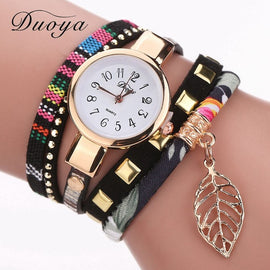 Duoya 2017 Fashion Ladies Watches Women Luxury Leaf Fabric Gold Wrist For Women Bracelet Vintage Sport Dress Clock Watch Gift