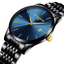 ONTHEEDGE mens wristwatches luxury black blue gold stainless steel man watches 30m waterproof calendar original men's watch