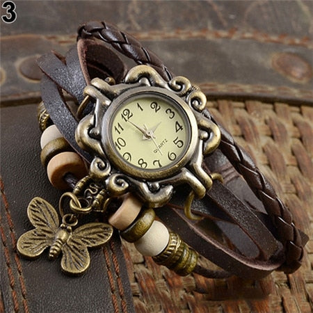 Women Casual Vintage Multilayer Butterfly Faux Leather Bracelet Ladies Wrist Watch  Handmade Braided Dreamcatcher