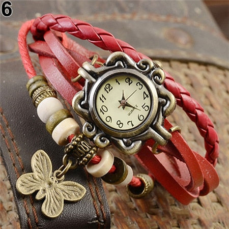 Women Casual Vintage Multilayer Butterfly Faux Leather Bracelet Ladies Wrist Watch  Handmade Braided Dreamcatcher