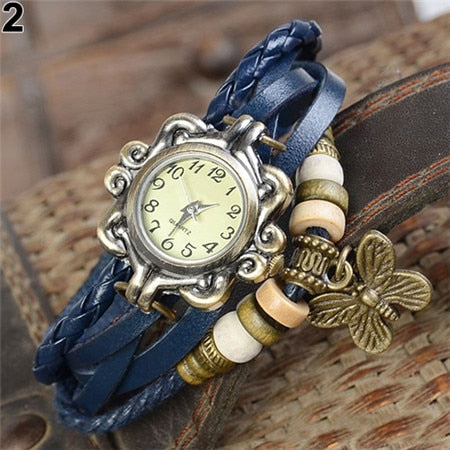 Women Casual Vintage Multilayer Butterfly Faux Leather Bracelet Ladies Wrist Watch  Handmade Braided Dreamcatcher