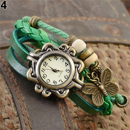 Women Casual Vintage Multilayer Butterfly Faux Leather Bracelet Ladies Wrist Watch  Handmade Braided Dreamcatcher