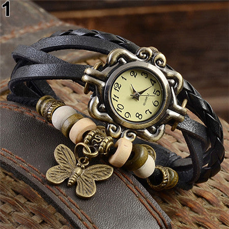 Women Casual Vintage Multilayer Butterfly Faux Leather Bracelet Ladies Wrist Watch  Handmade Braided Dreamcatcher