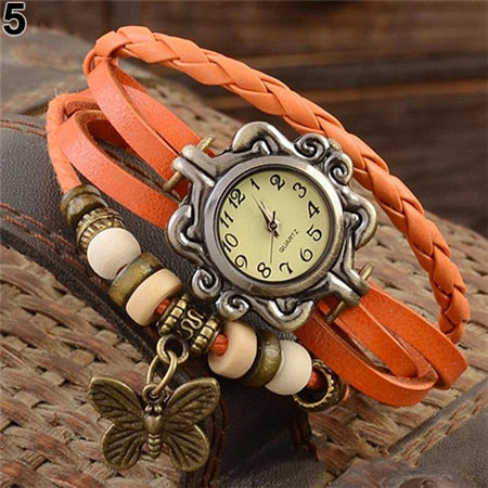 Women Casual Vintage Multilayer Butterfly Faux Leather Bracelet Ladies Wrist Watch  Handmade Braided Dreamcatcher