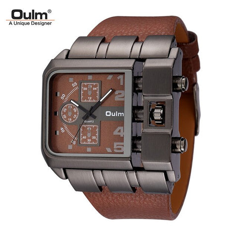 Oulm Brand Original Unique Design Square Men Wristwatch Wide Big Dial Casual Leather Strap Quartz Watch Male Sport Watches