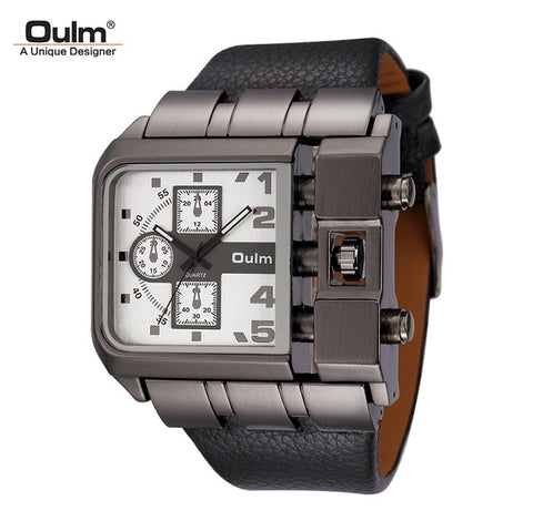 Oulm Brand Original Unique Design Square Men Wristwatch Wide Big Dial Casual Leather Strap Quartz Watch Male Sport Watches