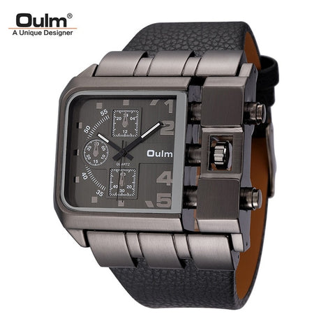 Oulm Brand Original Unique Design Square Men Wristwatch Wide Big Dial Casual Leather Strap Quartz Watch Male Sport Watches