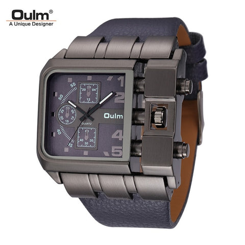 Oulm Brand Original Unique Design Square Men Wristwatch Wide Big Dial Casual Leather Strap Quartz Watch Male Sport Watches