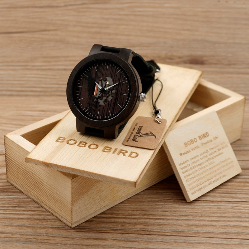 BOBO BIRD Wooden Watches For Men Casual Watch Black Cowhide Leather Strap With Wooden Box Father's Day Gift C-H30