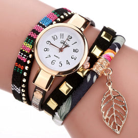 Duoya 2017 Fashion Ladies Watches Women Luxury Leaf Fabric Gold Wrist For Women Bracelet Vintage Sport Dress Clock Watch Gift