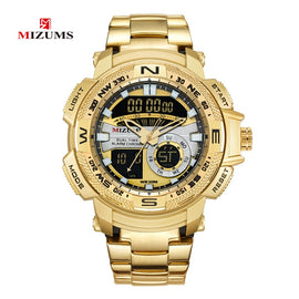 MIZUMS Military Wrist Watches LED Digital Sport Watch Men Gold Stainless Steel Band Dual Time Quartz Clock Man Relogio Masculino