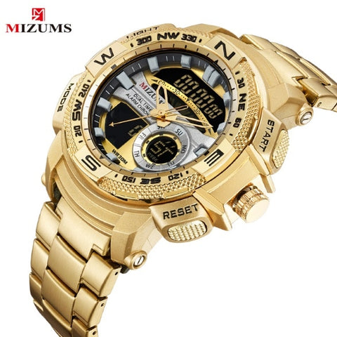 MIZUMS Military Wrist Watches LED Digital Sport Watch Men Gold Stainless Steel Band Dual Time Quartz Clock Man Relogio Masculino