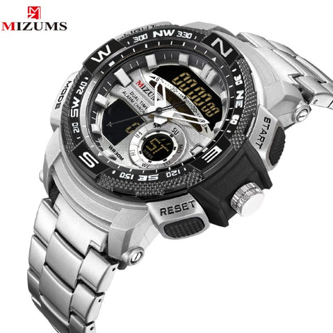 MIZUMS Military Wrist Watches LED Digital Sport Watch Men Gold Stainless Steel Band Dual Time Quartz Clock Man Relogio Masculino