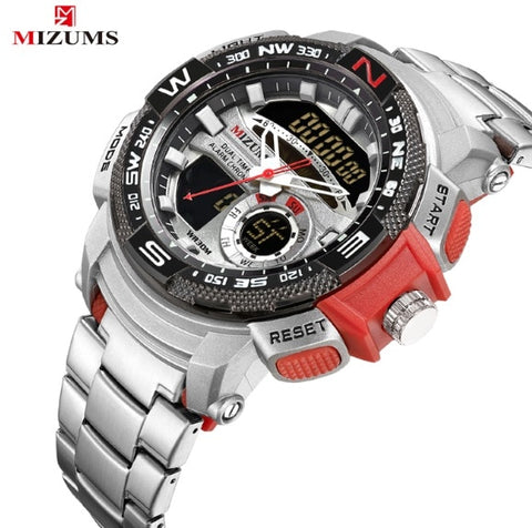 MIZUMS Military Wrist Watches LED Digital Sport Watch Men Gold Stainless Steel Band Dual Time Quartz Clock Man Relogio Masculino