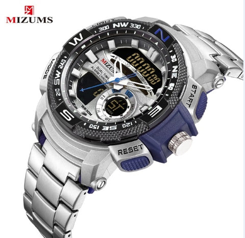 MIZUMS Military Wrist Watches LED Digital Sport Watch Men Gold Stainless Steel Band Dual Time Quartz Clock Man Relogio Masculino