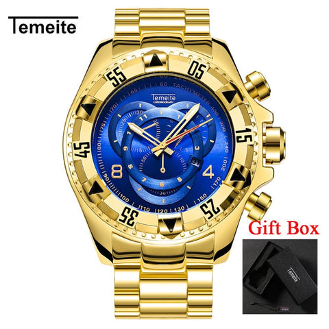 Temeite Men's watches Luxury Gold Watch Men Big Dial Quartz Watch Business Wristwatch Waterproof Relogio Masculino