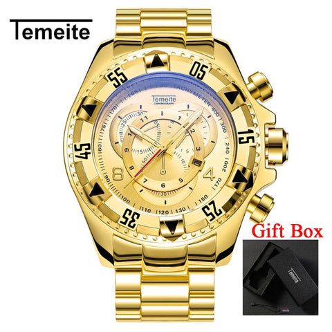 Temeite Men's watches Luxury Gold Watch Men Big Dial Quartz Watch Business Wristwatch Waterproof Relogio Masculino