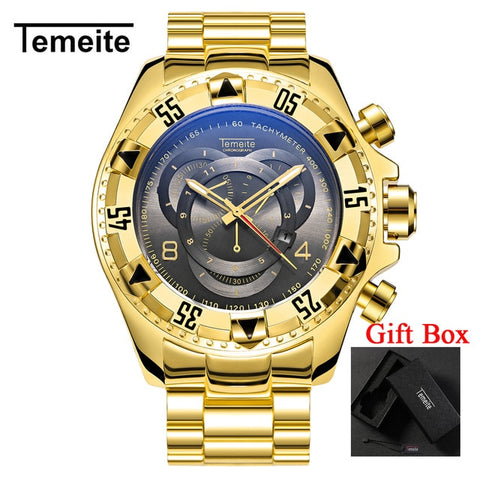 Temeite Men's watches Luxury Gold Watch Men Big Dial Quartz Watch Business Wristwatch Waterproof Relogio Masculino