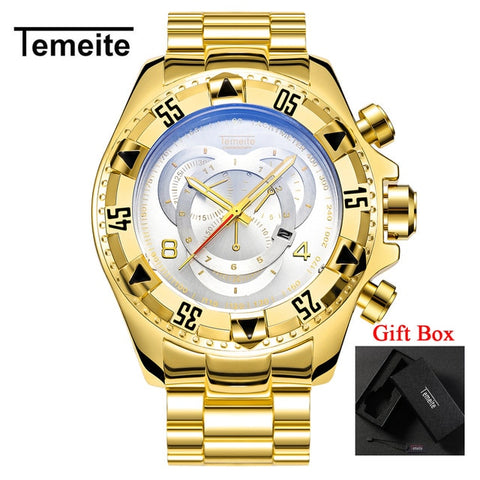 Temeite Men's watches Luxury Gold Watch Men Big Dial Quartz Watch Business Wristwatch Waterproof Relogio Masculino