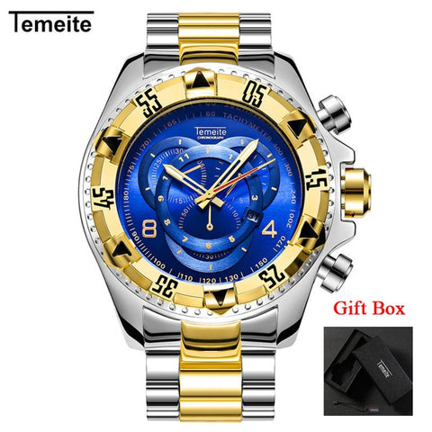 Temeite Men's watches Luxury Gold Watch Men Big Dial Quartz Watch Business Wristwatch Waterproof Relogio Masculino