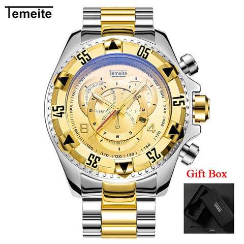 Temeite Men's watches Luxury Gold Watch Men Big Dial Quartz Watch Business Wristwatch Waterproof Relogio Masculino