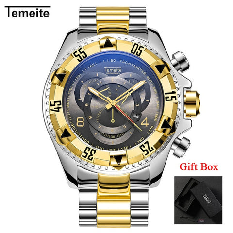 Temeite Men's watches Luxury Gold Watch Men Big Dial Quartz Watch Business Wristwatch Waterproof Relogio Masculino