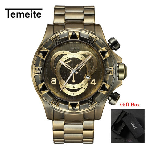 Temeite Men's watches Luxury Gold Watch Men Big Dial Quartz Watch Business Wristwatch Waterproof Relogio Masculino