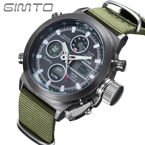 GIMTO Men Watch 2018 Quartz Digital Sports Watches Men Leather Nylon LED Military Army Waterproof Diving Wristwatch Men's Watch