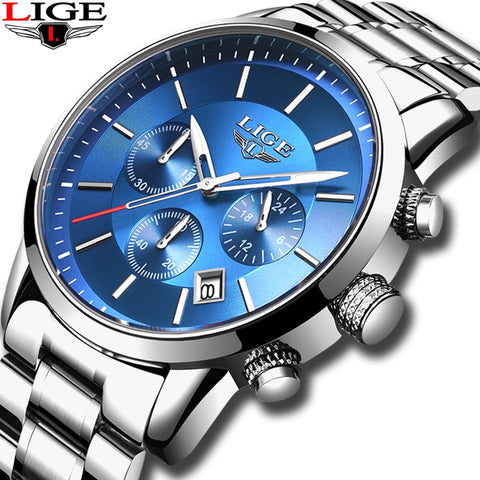 2019 New LIGE Mens Watches Top Brand Luxury Men's Fashion All Steel  Waterproof Analog Quartz Watch Men Silver Blue Sprot Clock